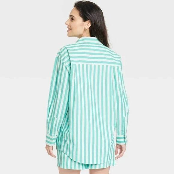 A NEW DAY NWT $25 Green Teal Striped Button Down Long Sleeve Shirt Size L - Picture 3 of 10
